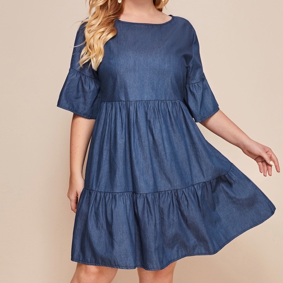 Exist Dresses | Babydoll Ruffled Sleeve Smock Chambray Denim Dress ...